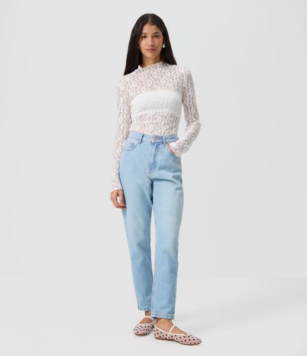 Pantalón Mom Básico Jeans con Cintura Alta y Bajo Plegado