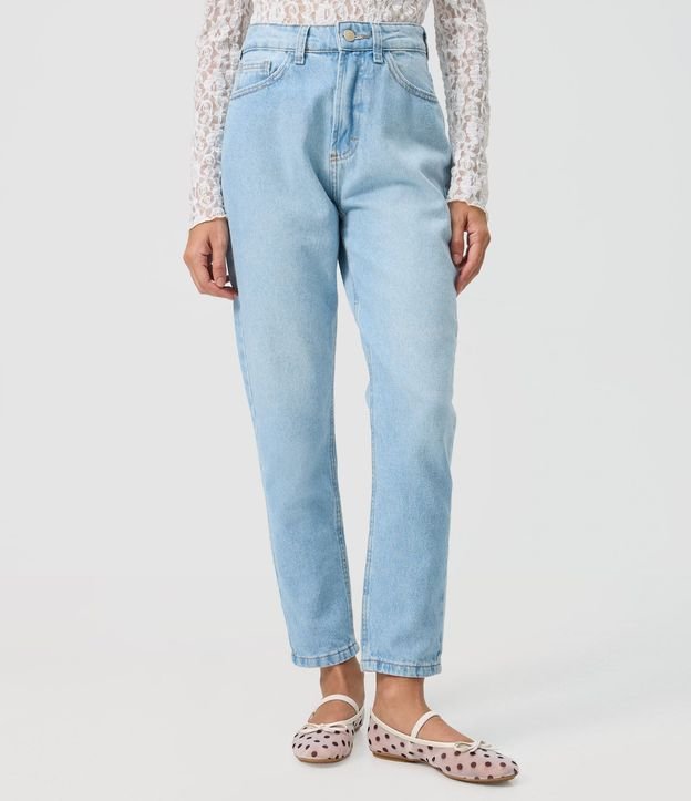 Pantalón Mom Básico Jeans con Cintura Alta y Bajo Plegado 2