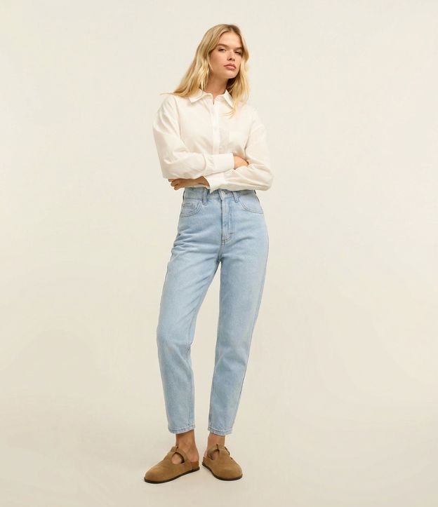 Pantalón Mom Básico Jeans con Cintura Alta y Bajo Plegado