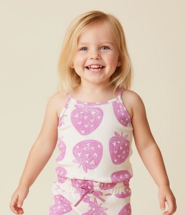 Musculosa Infantil Acanalada con Estampa Frutillas - Talle 1 a 6 años