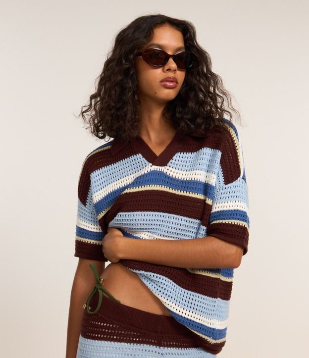 Remera Oversized de Punto Listrado y Cuello Polo