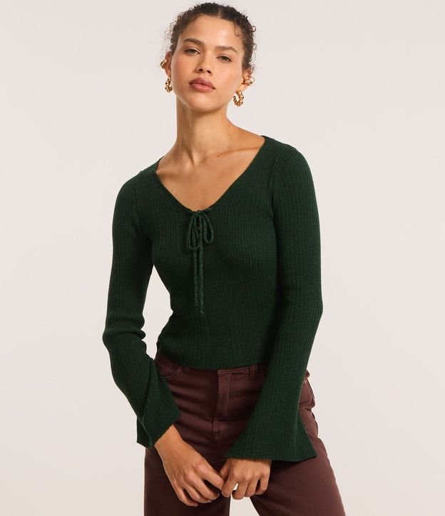 Blusa Acanalada en Punto con Lazo y Puño Amplio