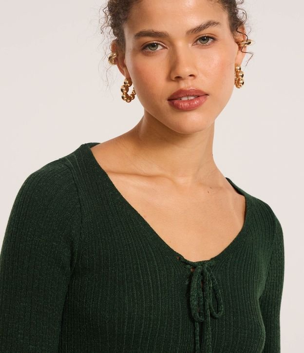 Blusa Acanalada en Punto con Lazo y Puño Amplio