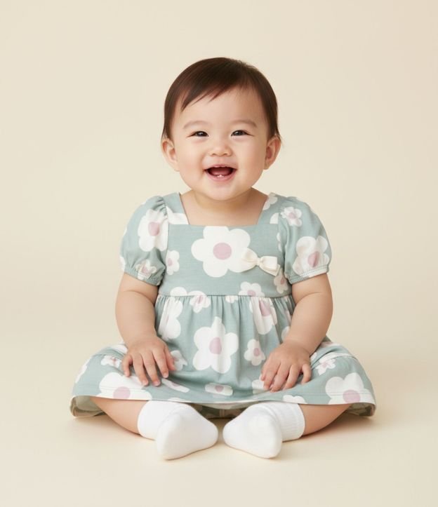 Vestido Infantil con Manga Abullonada y Estampa Floral - Talle 0 a 18 meses