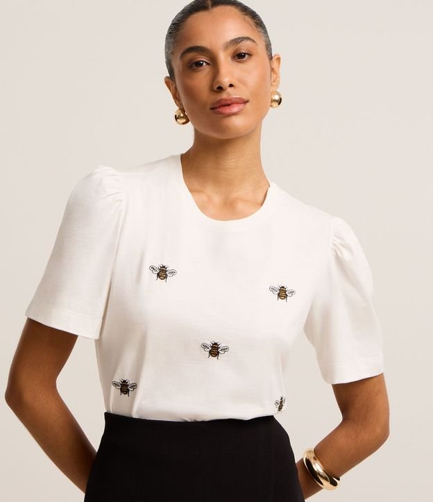 Blusa en Algodón con Manga Abullonada y Abejas Bordadas