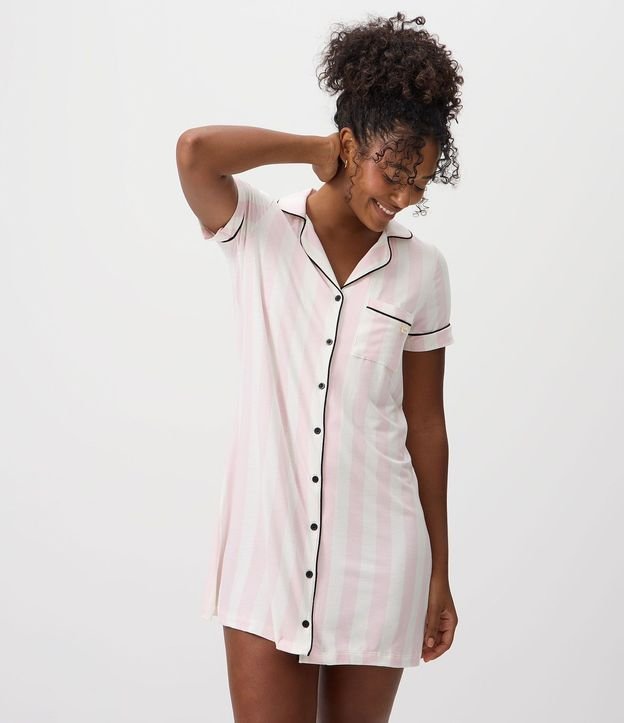 Camisón Americana en Viscosa con Estampa Rayada y Detalles Contrastantes