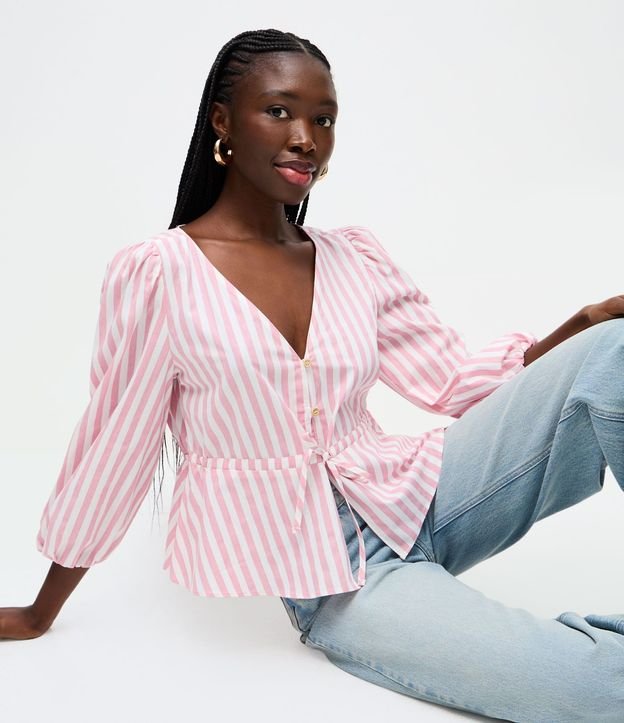 Blusa en Tricolina Rayada con Manga 3/4 Abullonada 1