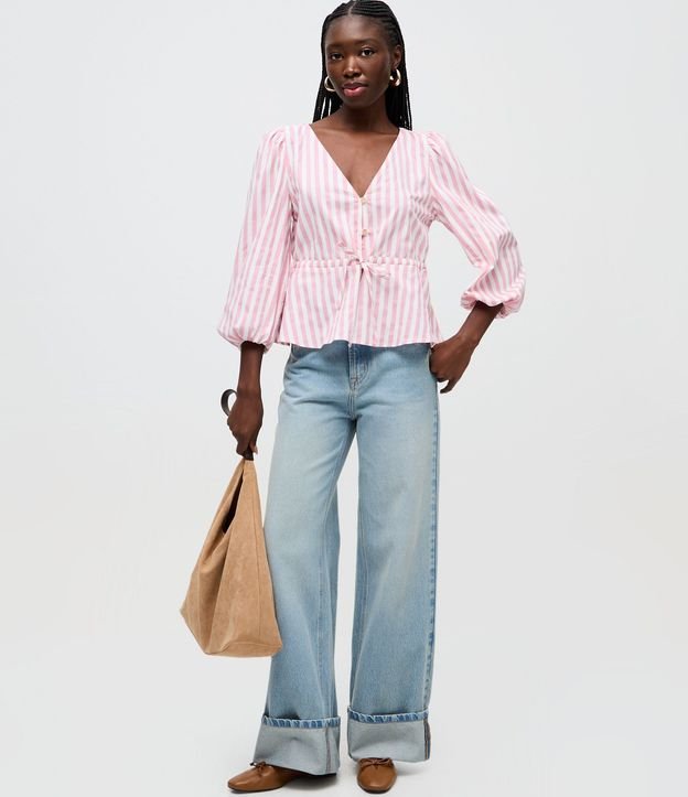 Blusa en Tricolina Rayada con Manga 3/4 Abullonada 2
