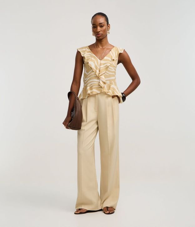 Pantalón Wide Leg Sastrería en Crepé con Pliegues y Frisos
