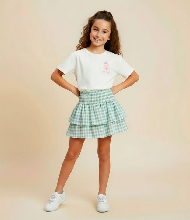 Pollera Corta Infantil en Anarruga con Estampa de Cuadros Vichy - Talle 5 a 14 años