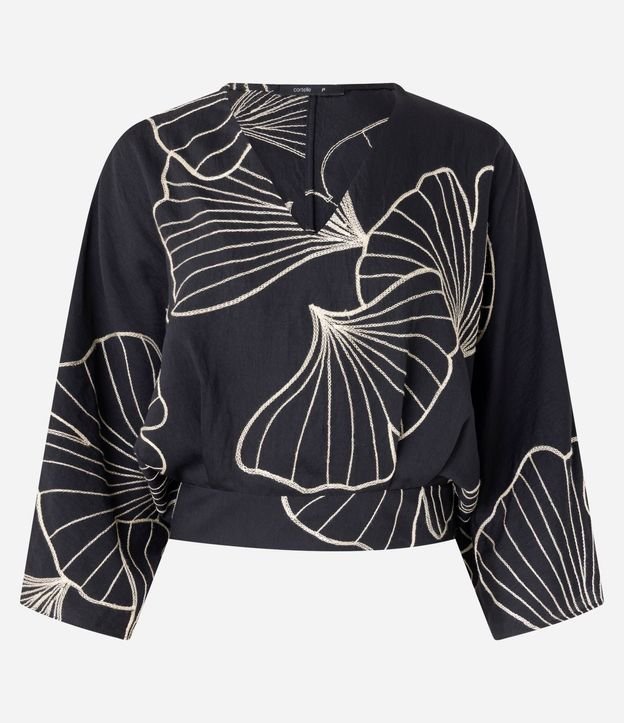 Blusa en Viscosa Twill con Bordado Follaje y Manga 7/8 9