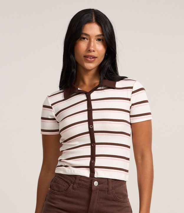 Blusa Polo en Rib con Abotonado Delantero y Rayas Contrastantes