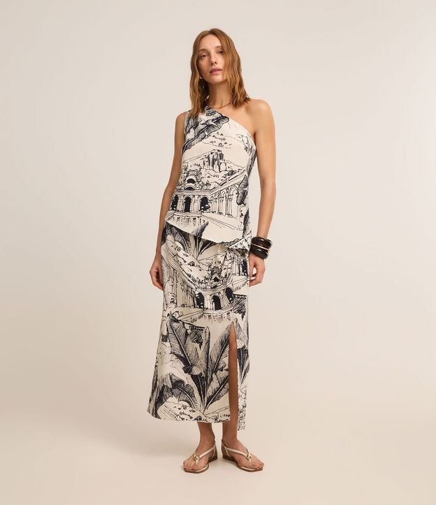 Pollera Midi en Viscolino con Nudo Lateral y Estampa Modernismo