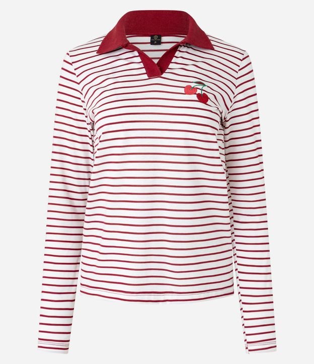 Blusa Rayada en Algodón con Cuello Polo y Bordado Cereza