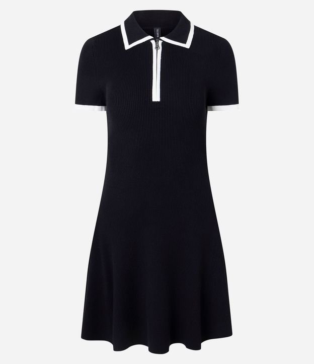 Vestido Corto en Punto con Cuello Polo y Biés Contrastantes