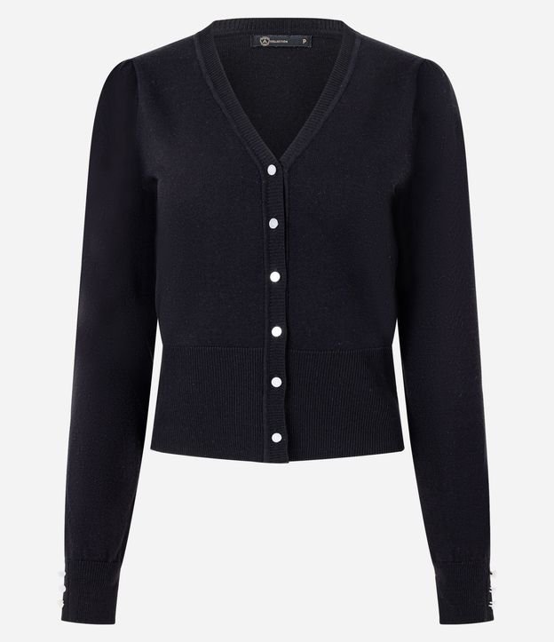 Cardigan en Punto con Cuello V y Botones Perlados