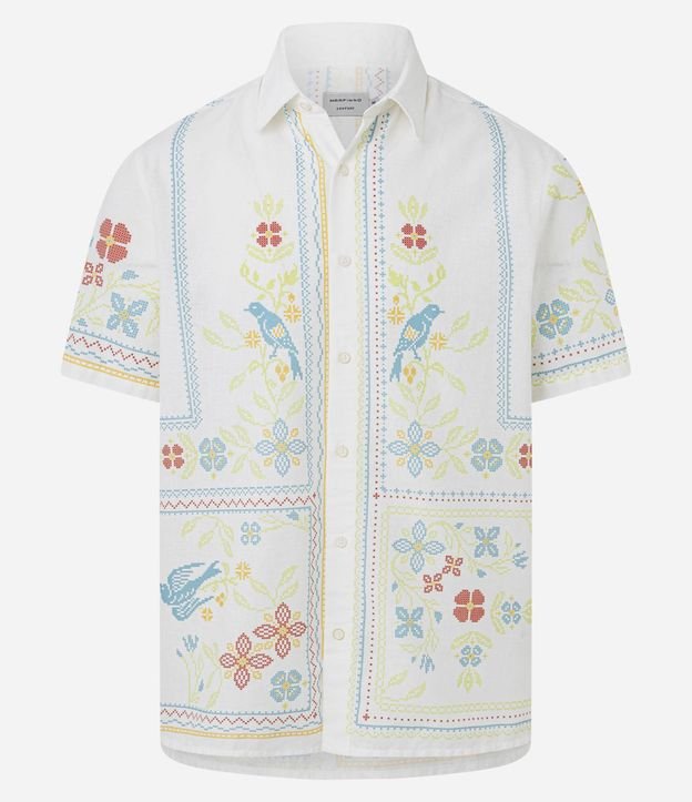 Camisa Comfort en Lino con Estampado Floral Bordada 7