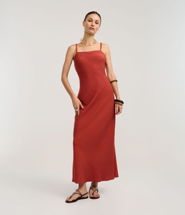 Vestido Recto Midi en Viscosa con Adornos en el Bretel