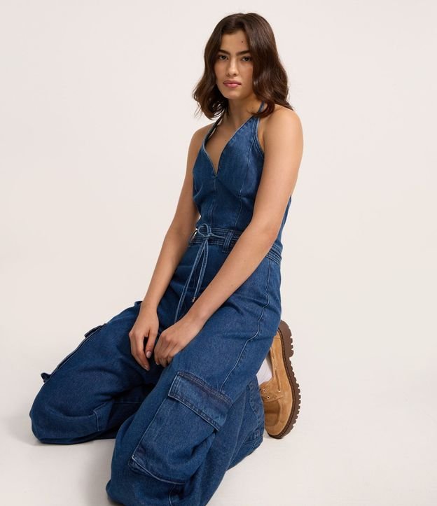 Mono en Jeans con Cinturón Lazo y Bolsillos Cargo