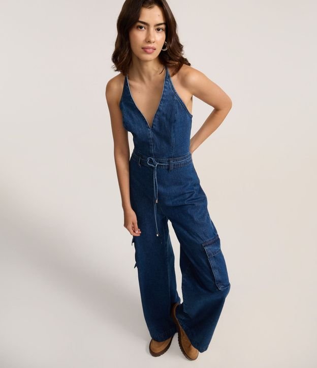 Mono en Jeans con Cinturón Lazo y Bolsillos Cargo 4