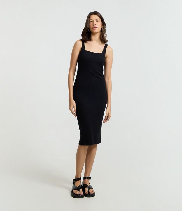 Vestido Midi en Rib con Escote Cuadrado