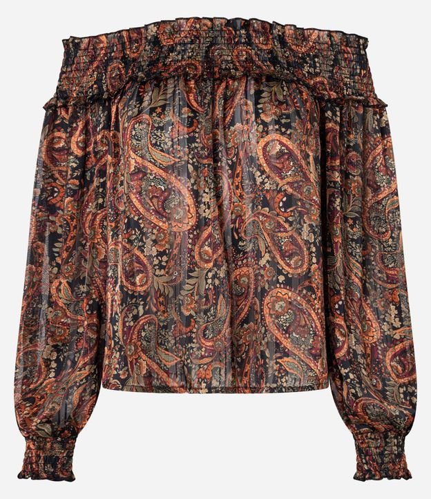 Blusa Bata en Chiffon con Escote Hombro a Hombro y Estampado Paisley 3