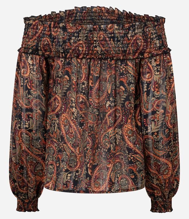 Blusa Bata en Chiffon con Escote Hombro a Hombro y Estampado Paisley 5
