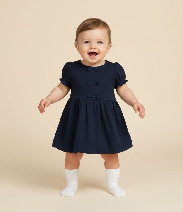 Vestido Infantil Balonê con Aplicación de Lacitos - Talle 0 a 18 Meses