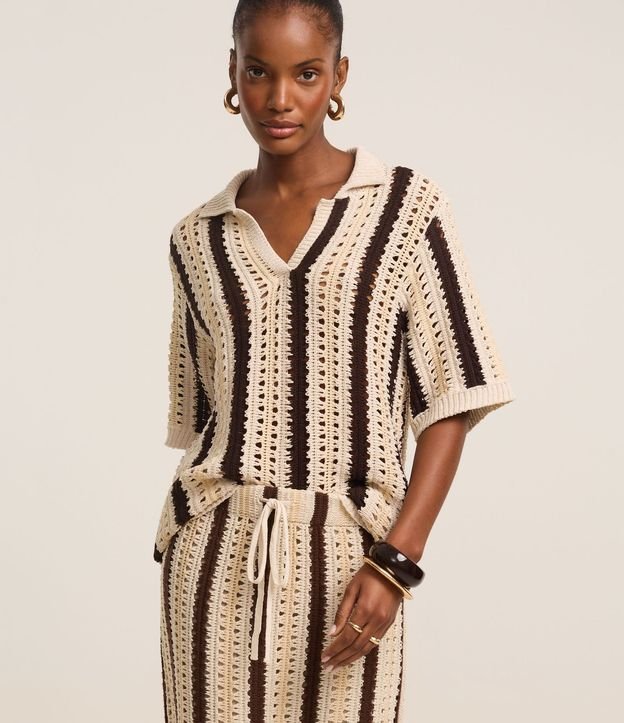 Blusa Boxy Rayada en Punto con Punto Cutout de Efecto Ganchillo