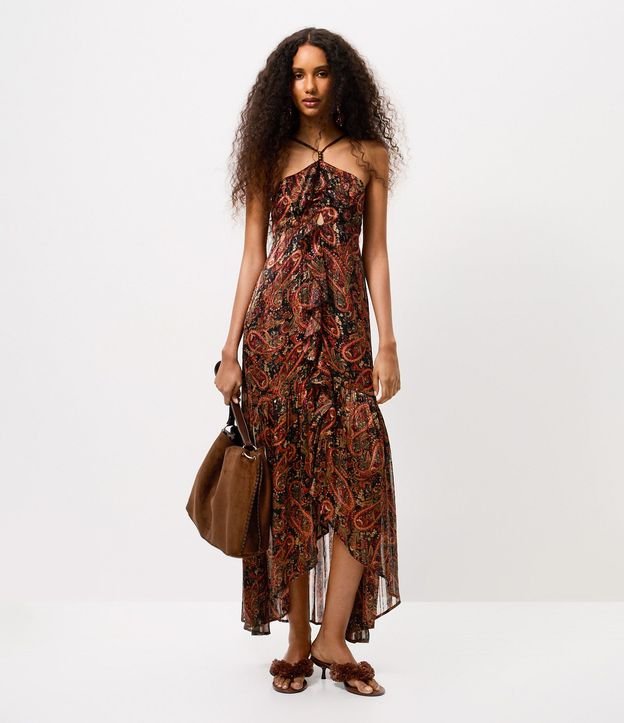 Vestido Largo Estampado con Breteles Finos y Escote Halter