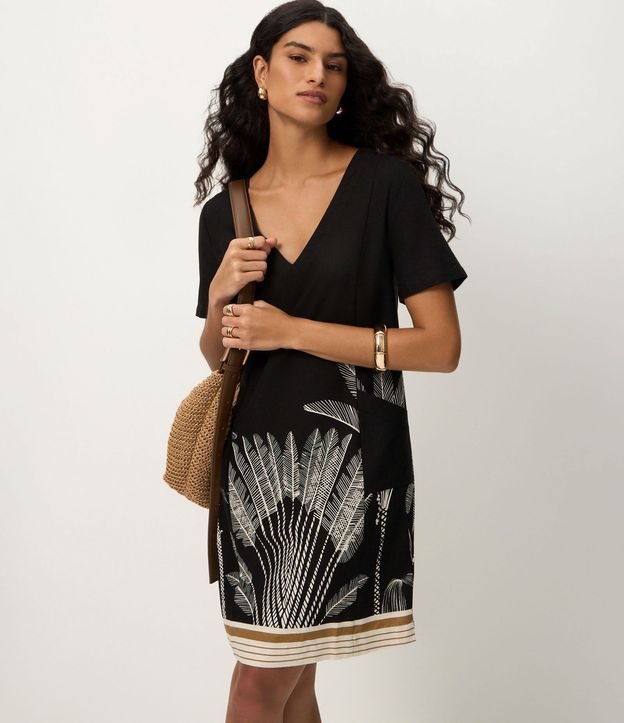 Vestido Manga Corta en Viscolino con Estampa de Follaje 1