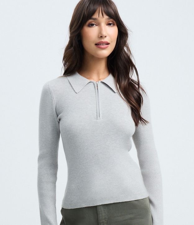 Blusa en Viscosa en Efecto Tricot con Cuello Polo y Cremallera 1