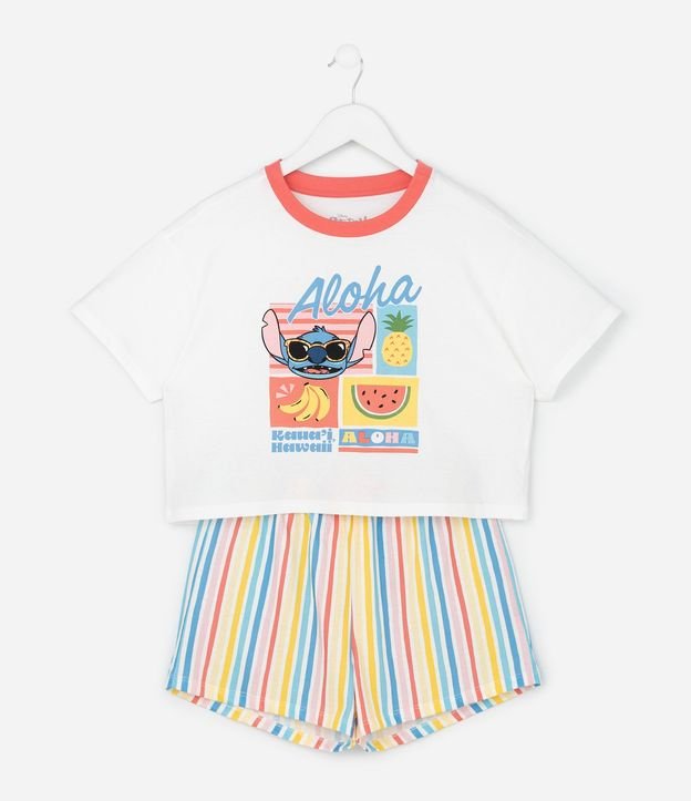Pijama Corto Infantil con Estampa Rayada y Stitch - Talle 5 a 14 años