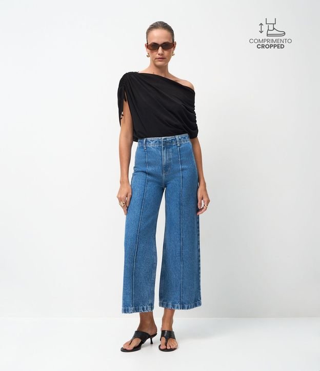 Pantalón Wide Leg Cropped en Jeans con Cintura Sastre