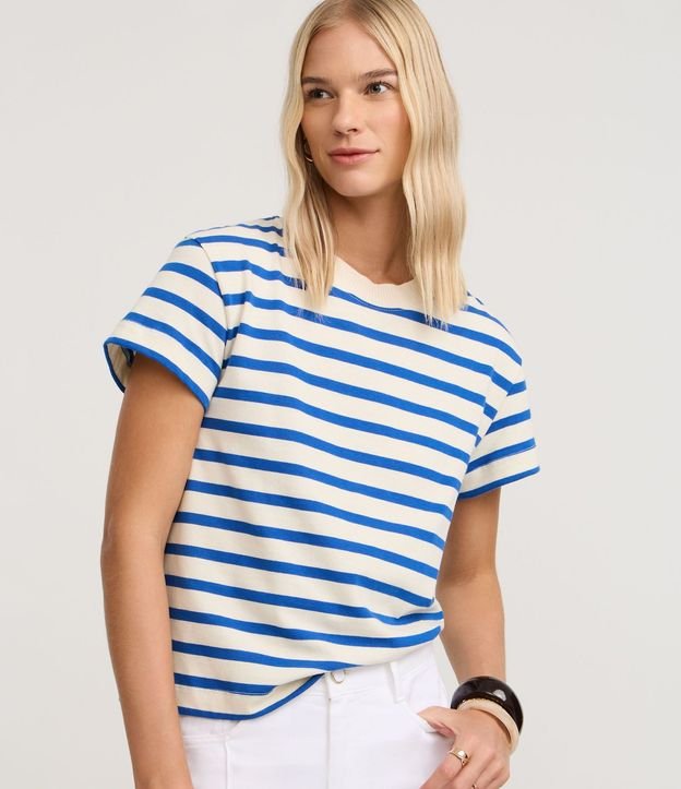 Remera Manga Corta en Algodón con Rayas Verticales y Cuello Redondo