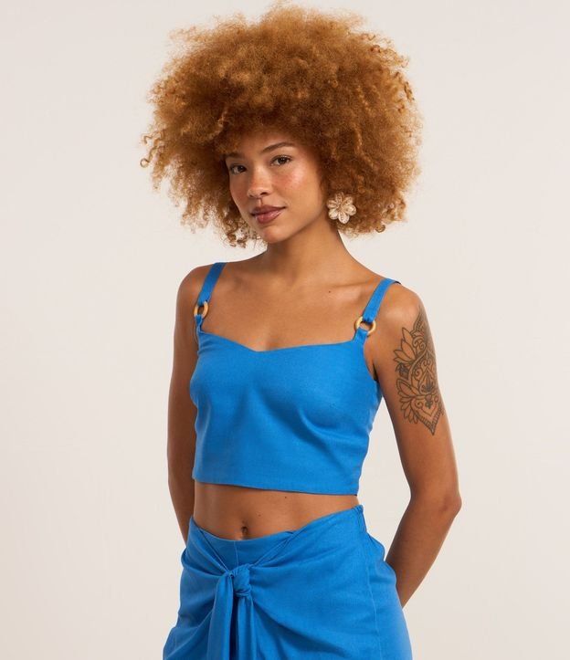 Blusa Cropped en Viscolino con Adornos en los Breteles y Lastex