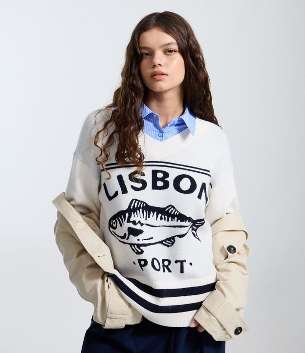 Suéter en Punto con Estampa de Lisbon Port pez
