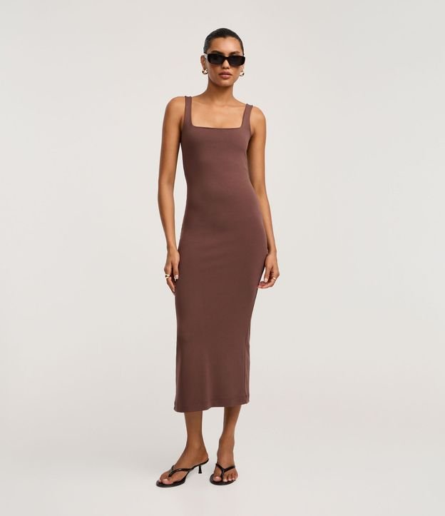 Vestido Midi Musculosa y Punto Roma con Escote Cuadrado 2