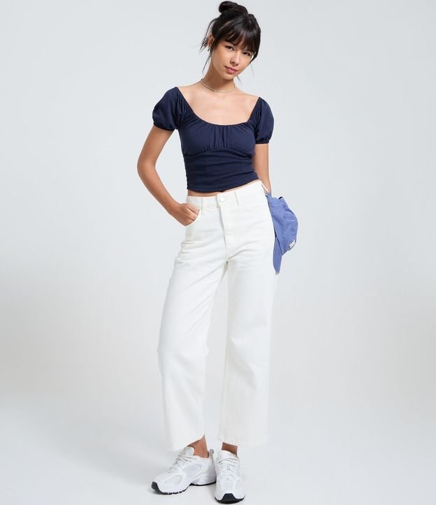 Blusa en Algodón con Manga Abullonada y Escote Abierto 2