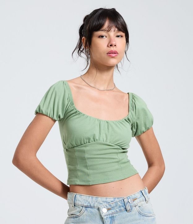 Blusa en Algodón con Manga Abullonada y Escote Abierto 3