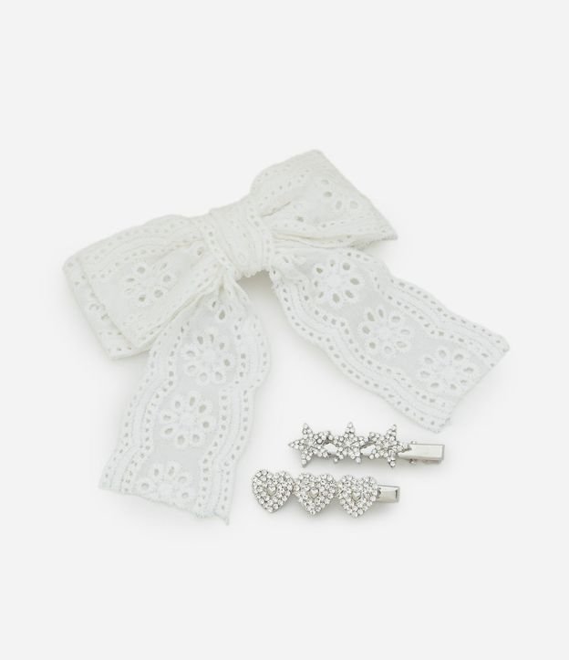 Kit 03 Pinzas para el Pelo Infantil con Detalles de Strass y Lazo de Broderie