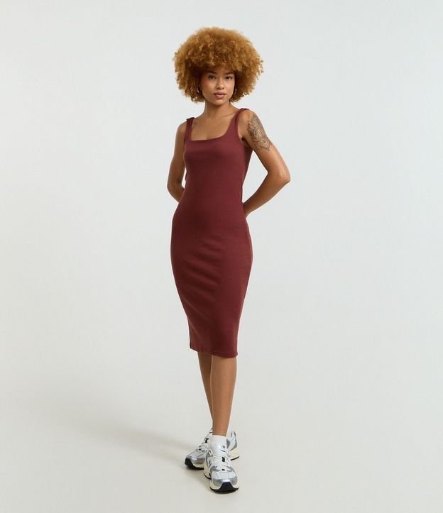 Vestido Midi en Rib con Escote Cuadrado