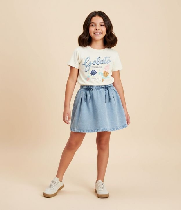 Pollera Infantil en Jeans con Pliegues y Aplicaciones de Lacitos - Talle 7 a 14 años