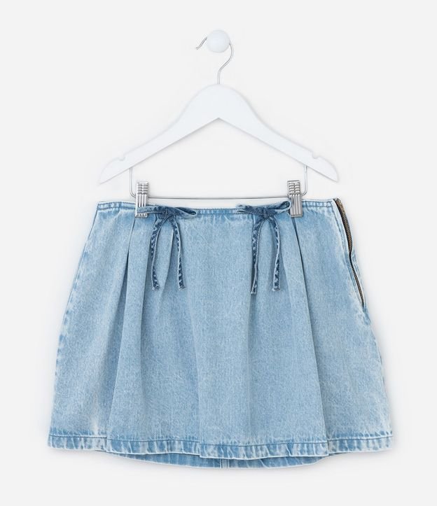 Pollera Infantil en Jeans con Pliegues y Aplicaciones de Lacitos - Talle 7 a 14 años