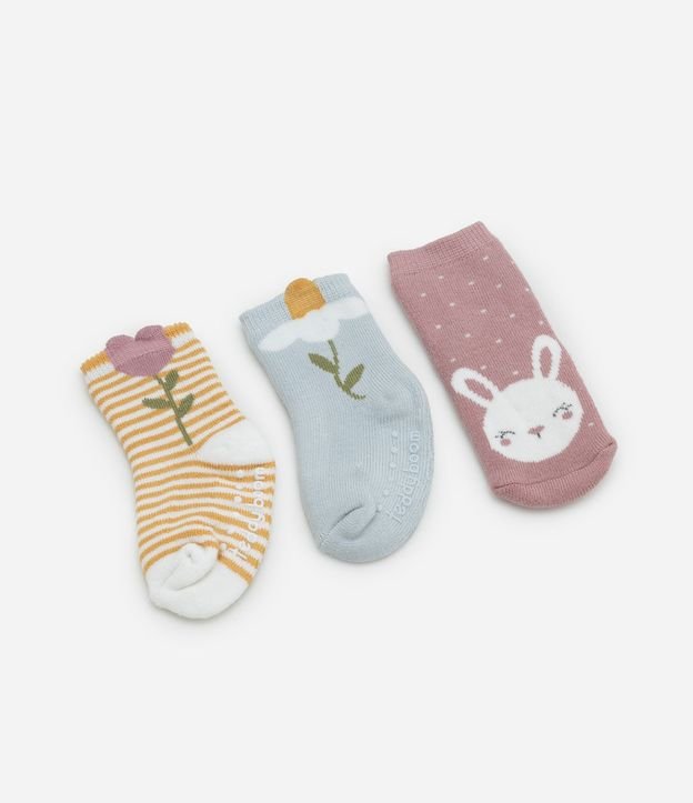 Kit 03 Medias Infantiles Estampadas con Antideslizante  - Talle RN a 12 Meses
