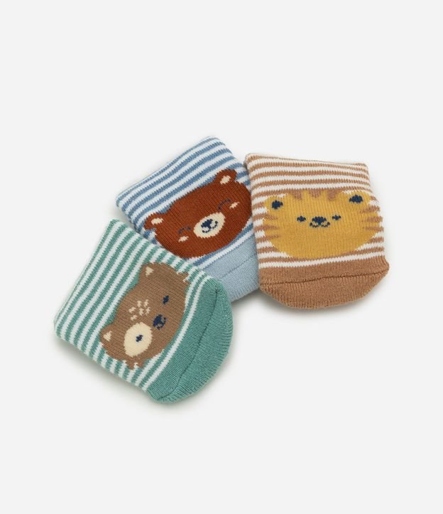 Kit 03 Medias Infantiles Rayadas con Cara de Animalito - Talle RN a 12 meses 4