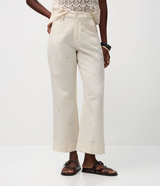 Pantalón Recto Cropped en Algodón con Bordado Floral 4