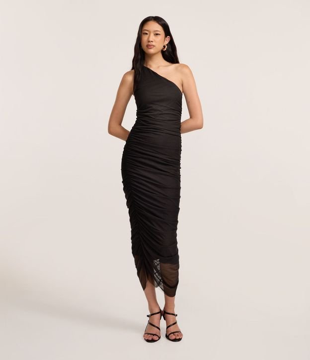 Vestido New Midi en Tule con Hombro Único y Fruncido Lateral