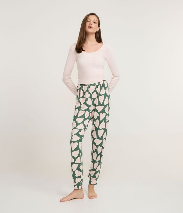 Pijama Largo en Rib con Estampado de Corazón 1