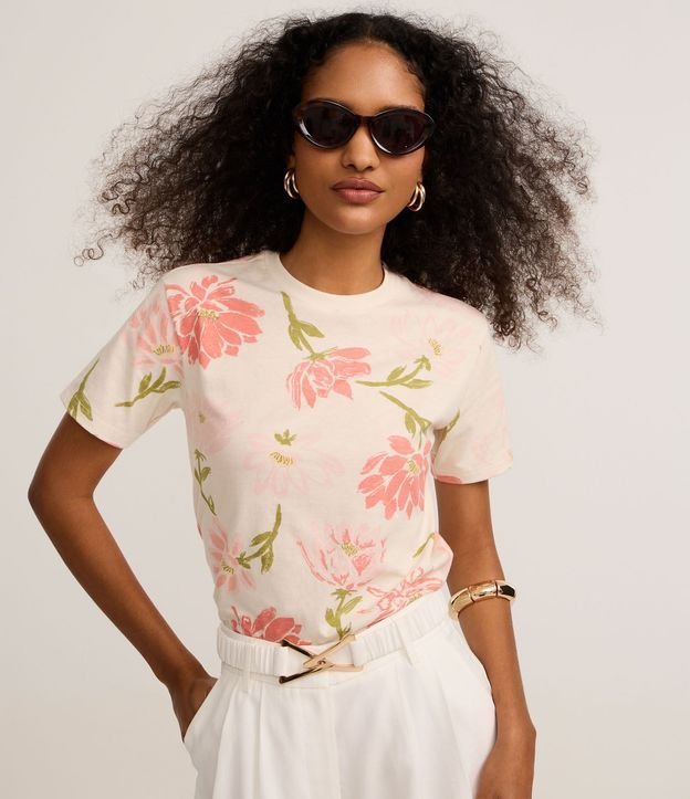 Blusa Slim en Algodón con Cuello Redondo y Estampado Floral
